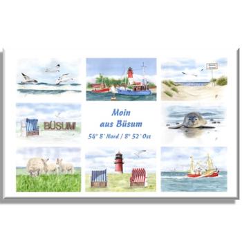 Leinwand 30 x 20 cm Keilrahmen Canvas-Leinen Aquarell Maritim Kunst Druck Kunstdruck Nordsee Büsum Collage Strandkorb Leuchtturm Hafen Strand Meer